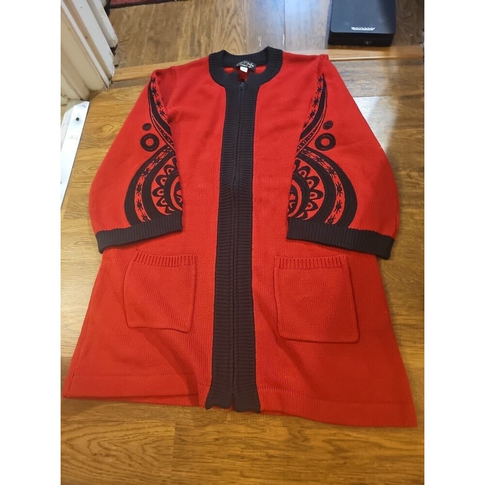 Bob Mackie Wearable Art Full Zip Long Thick Sweater Top Medium Red Black